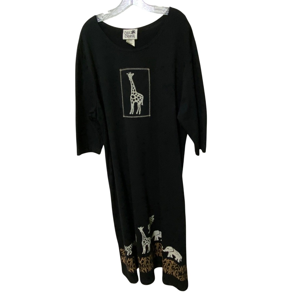 Vtg 80s Copa Cabana Maxi Dress Black Safari Animals Giraffe Zebra Elephant USA